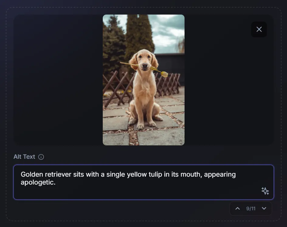 A screenshot of the Alt-Text demo UI showing a golden retriever puppy holding a yellow tulip, accompanied by an AI-generated description: "Golden retriever sits with a single yellow tulip in its mouth, appearing apologetic."