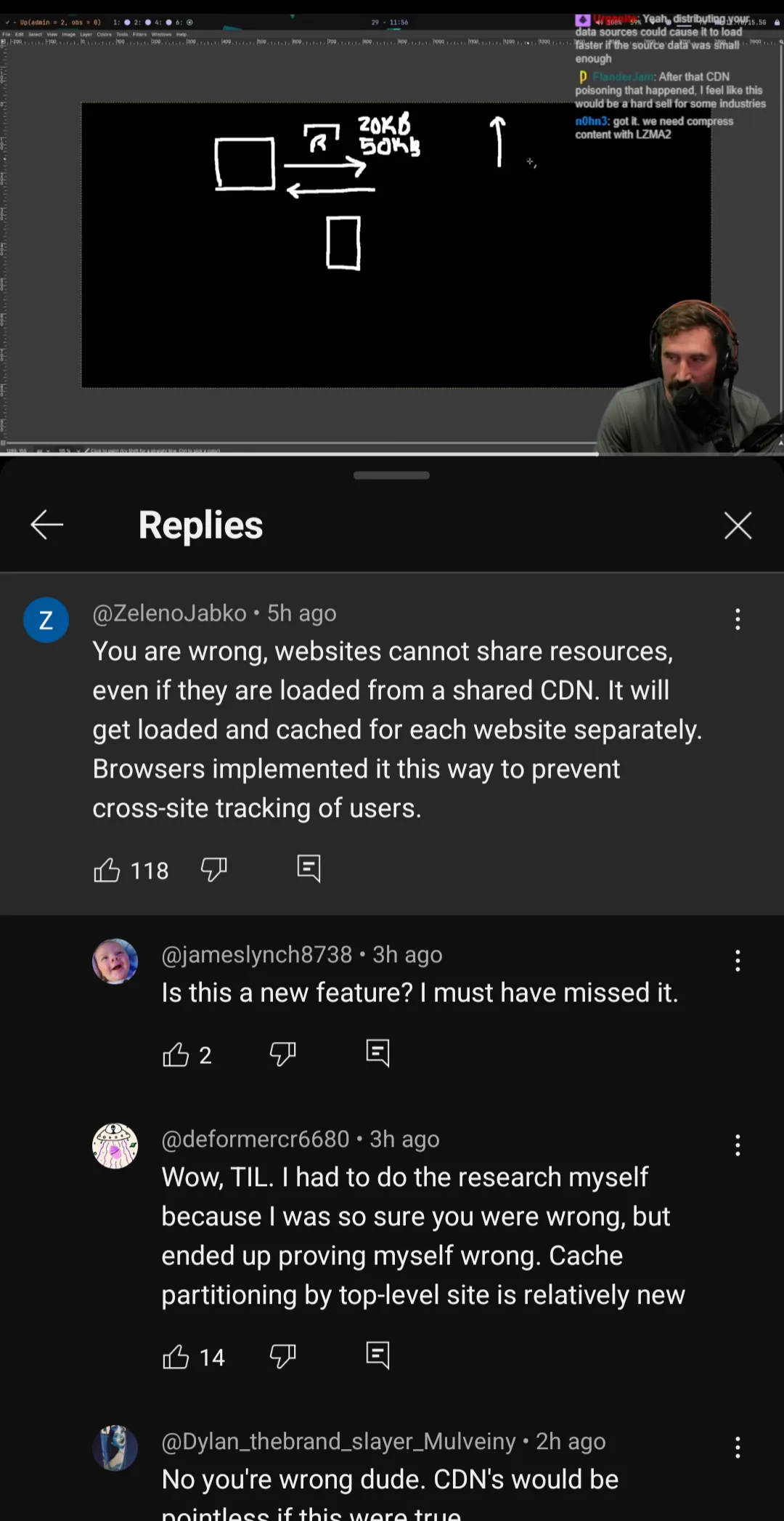 A screenshot of a video and comments section from ThePrimeTime showing confusion about cross origin resource sharing