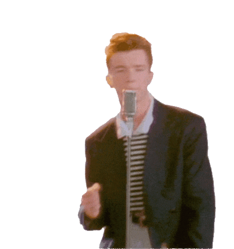 A looping animation of Rick Astley dancing to 'Never Gonna Give You Up'.